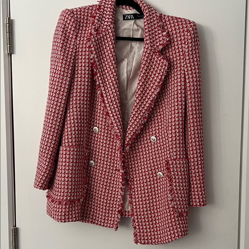 Zara Women's Pink and White Tweed Blazer L